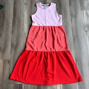 Nike Girls Large Pink Red Colorblock Tiered Maxi Dress Sleeveless French Terry